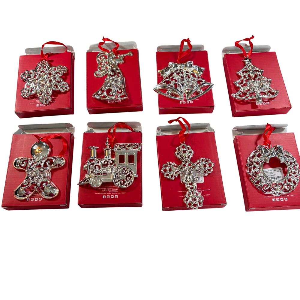 NIB Lenox Sparkle & Scroll crystal silverplate ornaments. Set of 8. Christmas